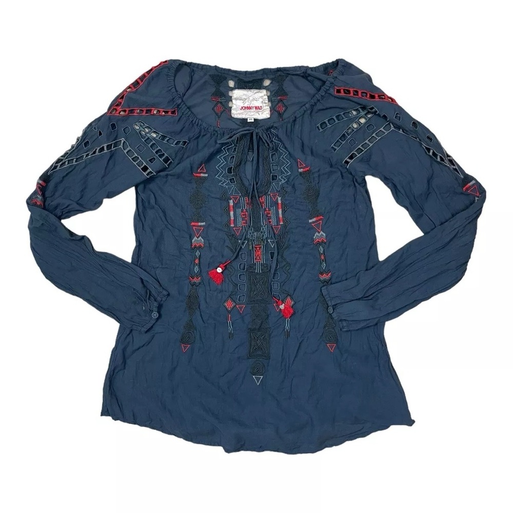 JOHNNY WAS blue Eyelet Embroidered Cotton Tunic Blouse Cut out Y2K XS Tie Neck